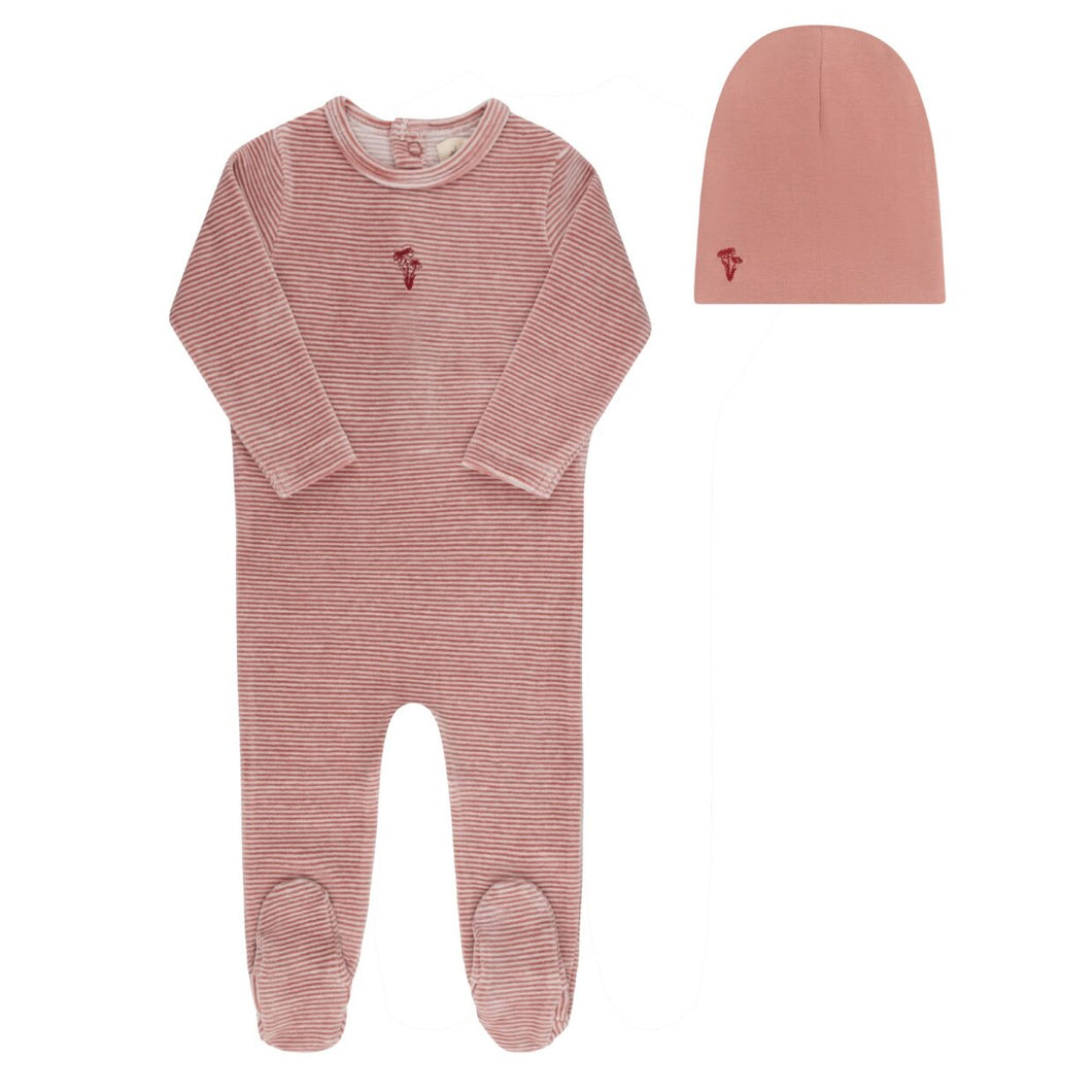 Velour Stripe Dark Pink Footie + Hat